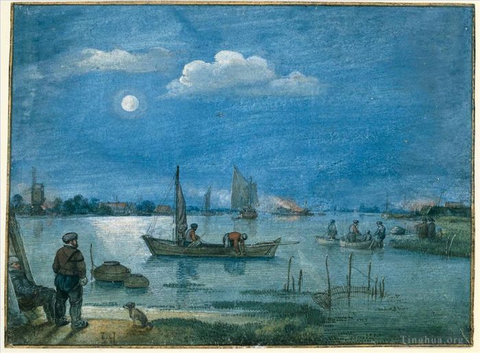 Hendrick Avercamp Various Paintings - Fishermen By Moonlight winter landscape