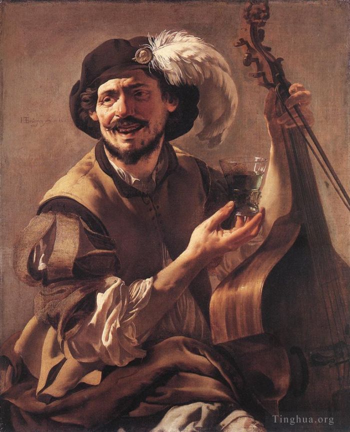 Hendrick ter Brugghen Oil Painting - A Laughing Bravo With A Bass Viol And A Glass
