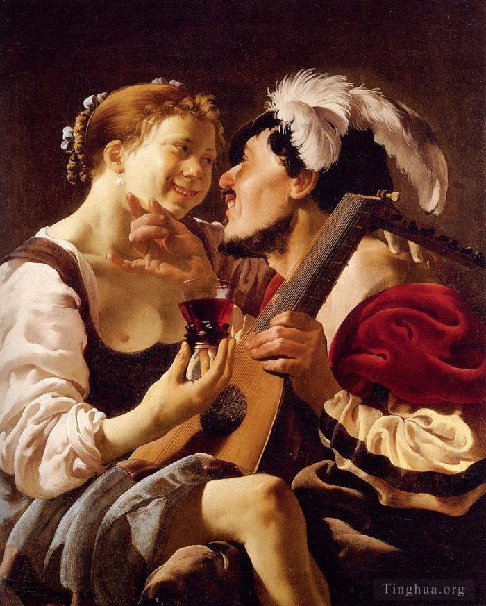 Hendrick ter Brugghen Oil Painting - A Luteplayer Carousing With A Young Woman Holding A Roemer