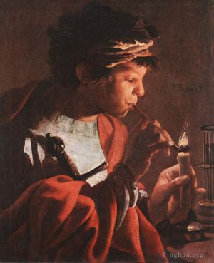 Artist Hendrick ter Brugghen's Work - Boy Lighting A Pipe