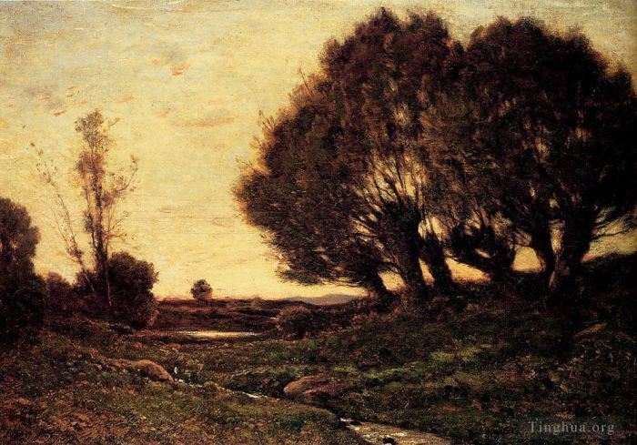 Henri-Joseph Harpignies Oil Painting - A Wooded Landscape With A Stream
