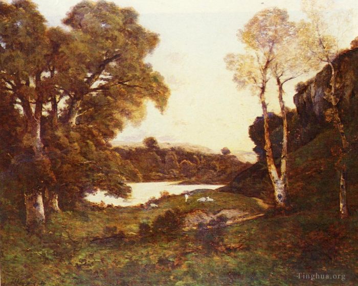 Henri-Joseph Harpignies Oil Painting - French 181to 191Goats Grazing Beside A Lake