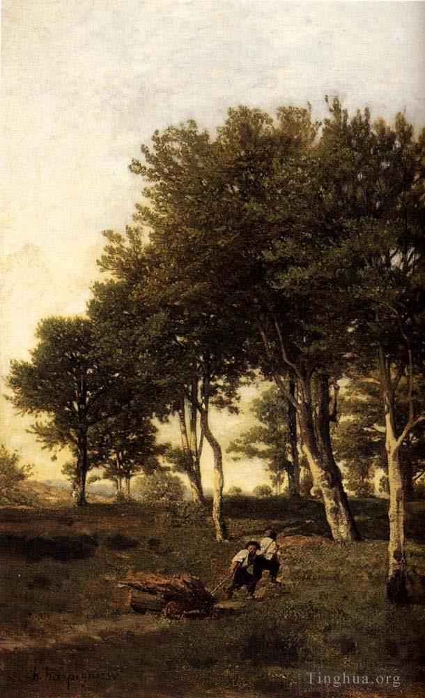 Henri-Joseph Harpignies Oil Painting - Landscape With Two Boys Carrying Firewood