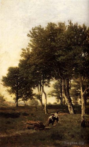 Artist Henri-Joseph Harpignies's Work - Landscape With Two Boys Carrying Firewood