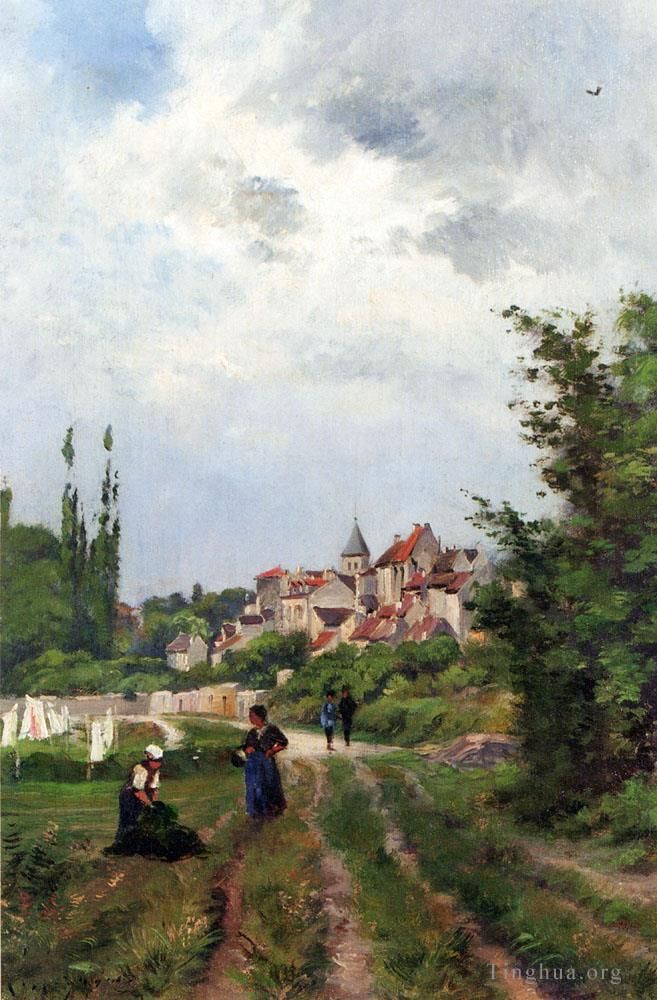 Henri-Joseph Harpignies Oil Painting - Washer Women On A Study Track With A Village Beyond