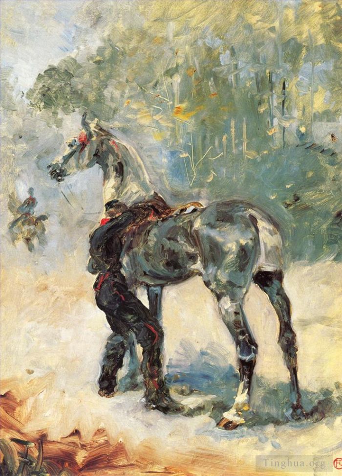 Henri de Toulouse-Lautrec Oil Painting - Artilleryman saddling his horse 1879
