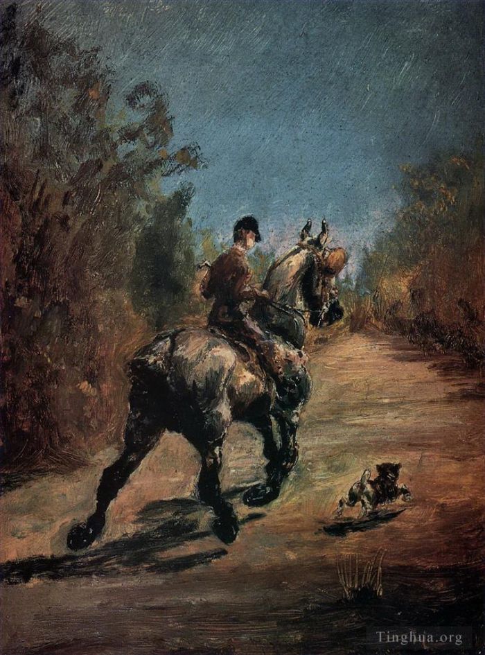 Henri de Toulouse-Lautrec Oil Painting - Horse and rider with a little dog 1879
