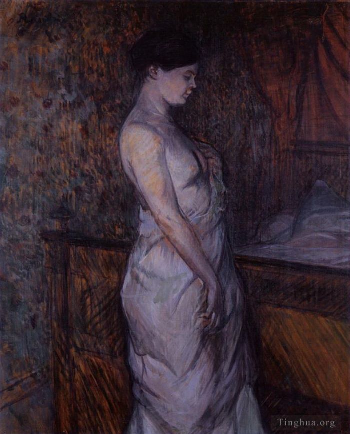 Henri de Toulouse-Lautrec Oil Painting - Woman in a chemise standing by a bed madame poupoule 1899