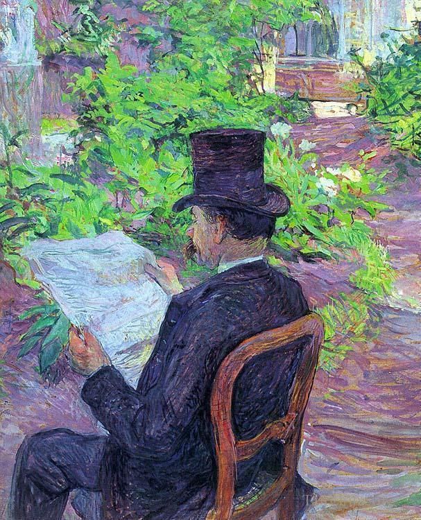 Henri de Toulouse-Lautrec Various Paintings - Desire dehau reading a newspaper in the garden 1890