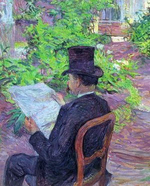 Antique Various Paintings - Desire dehau reading a newspaper in the garden 1890