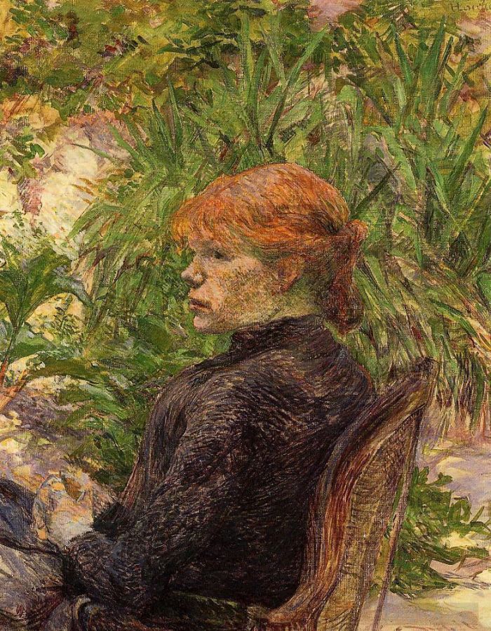 Henri de Toulouse-Lautrec Various Paintings - Red haired woman seated in the garden of m forest 1889