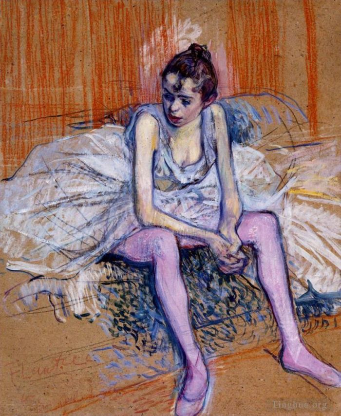 Henri de Toulouse-Lautrec Various Paintings - Seated dancer in pink tights 1890