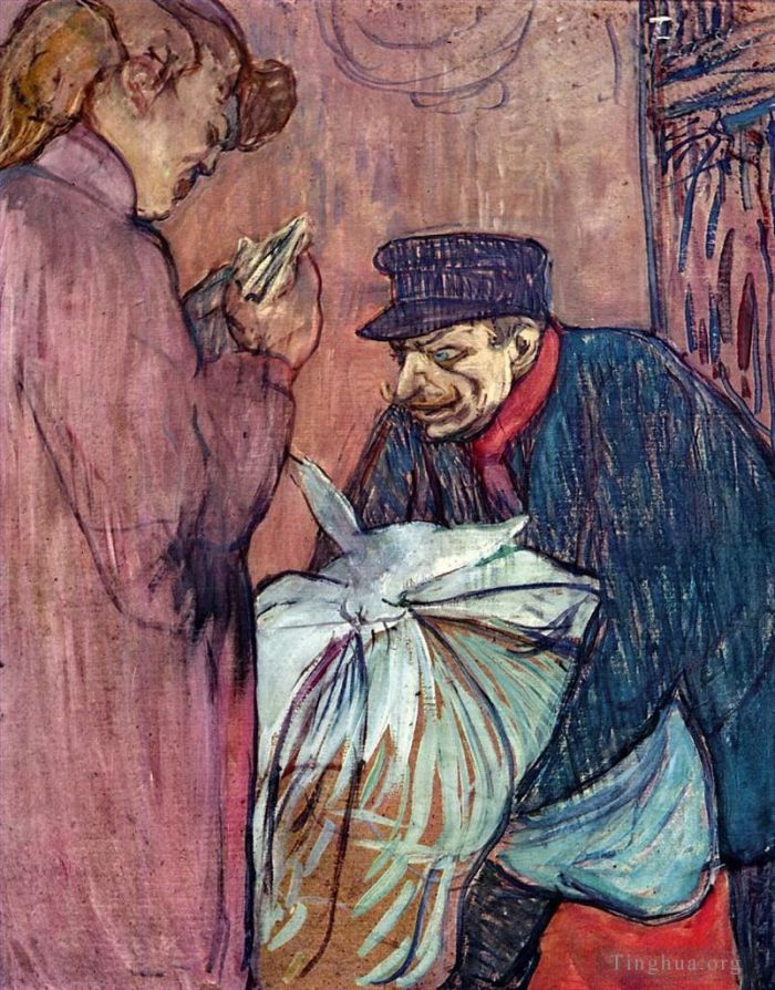 Henri de Toulouse-Lautrec Various Paintings - The laundryman calling at the brothal 1894