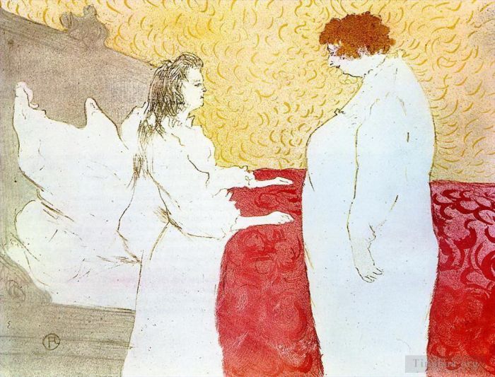 Henri de Toulouse-Lautrec Various Paintings - They woman in bed profile getting up 1896