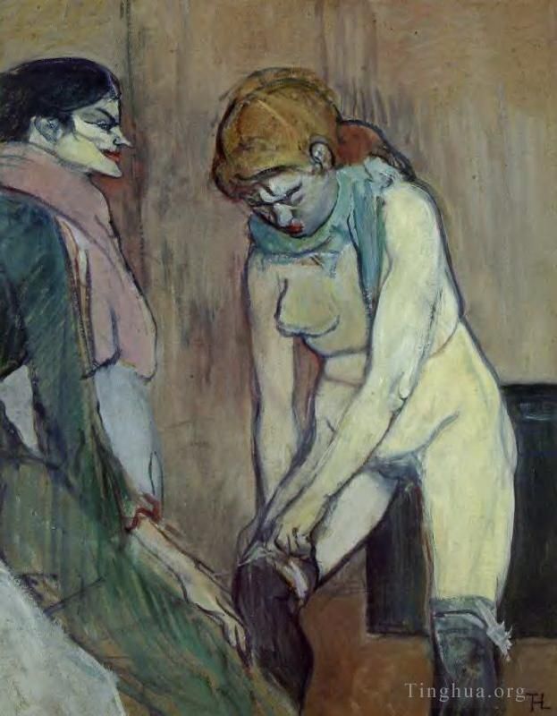 Henri de Toulouse-Lautrec Various Paintings - Woman pulling up her stockings 1894