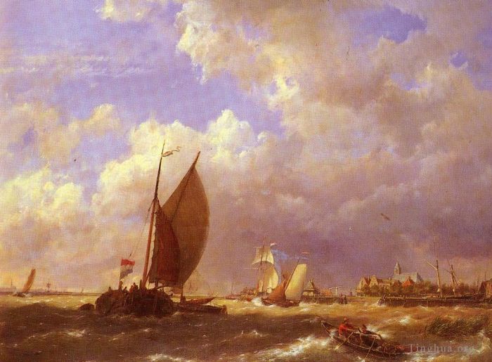 Hermanus Koekkoek Snr Oil Painting - Dommelshuizen Cornelis Christiaan A Sunlit Dock
