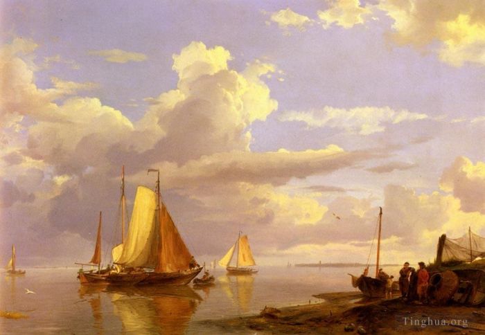 Hermanus Koekkoek Snr Oil Painting - Fishing Boats Off The Coast At Dusk