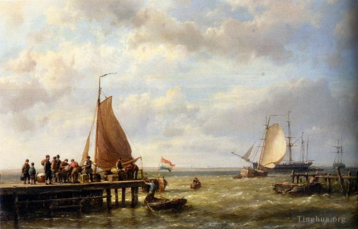 Hermanus Koekkoek Snr Oil Painting - Provisioning a Tall Ship at Anchor