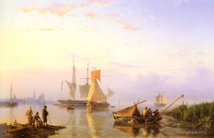 Hermanus Koekkoek Snr Oil Painting - Shipping In A Calm Amsterdam