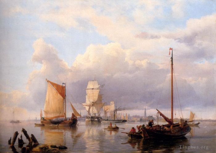 Hermanus Koekkoek Snr Oil Painting - Shipping On The Scheldt With Antwerp In The Background
