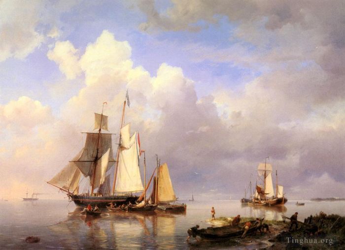 Hermanus Koekkoek Snr Oil Painting - Vessels At Anchor In Estuary With Fisherman
