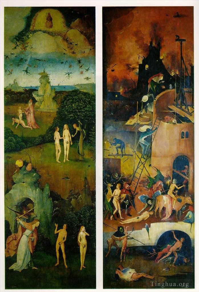 Hieronymus Bosch Oil Painting - Paradise and Hell left and right panels of a triptych moral