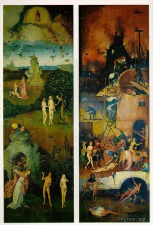 Artist Hieronymus Bosch's Work - Paradise and Hell left and right panels of a triptych moral