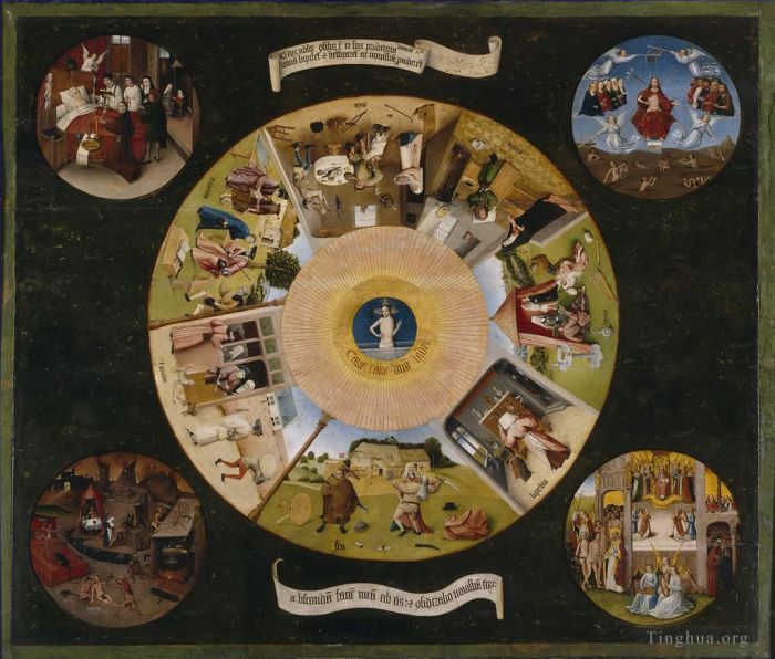 Hieronymus Bosch Oil Painting - The seven deadly sins and the four last things 1485