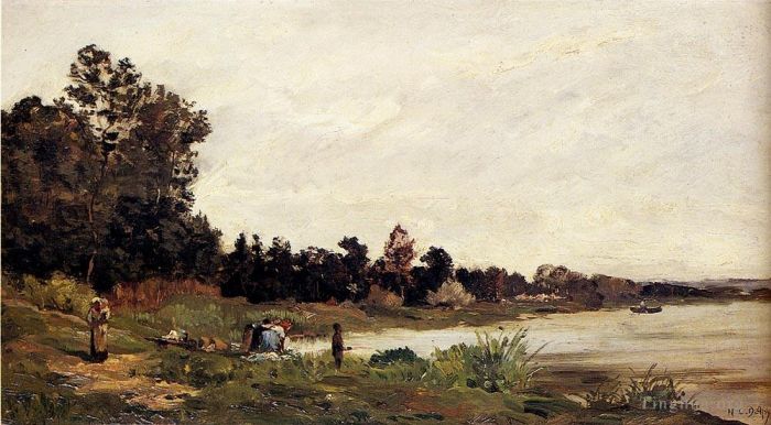 Hippolyte Camille Delpy Oil Painting - Washerwomen In A River Landscape