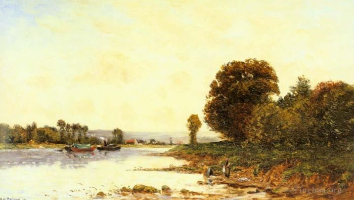 Hippolyte Camille Delpy Oil Painting - Washerwomen In A River