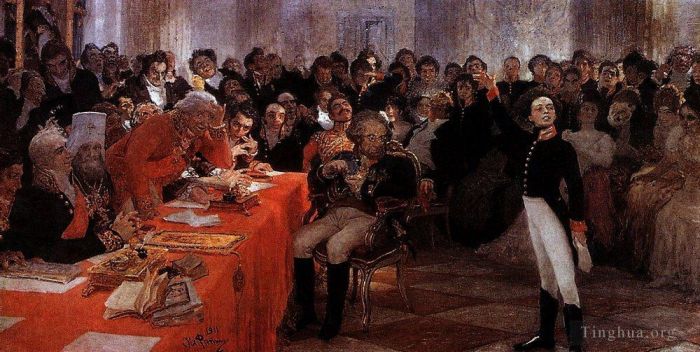 llya Yefimovich Repin Oil Painting - A pushkin on the act in the lyceum on jan 181reads his poem memories in tsarskoe selo 1911