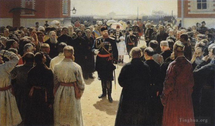 llya Yefimovich Repin Oil Painting - Aleksander iii receiving rural district elders in the yard of petrovsky palace in moscow 1886