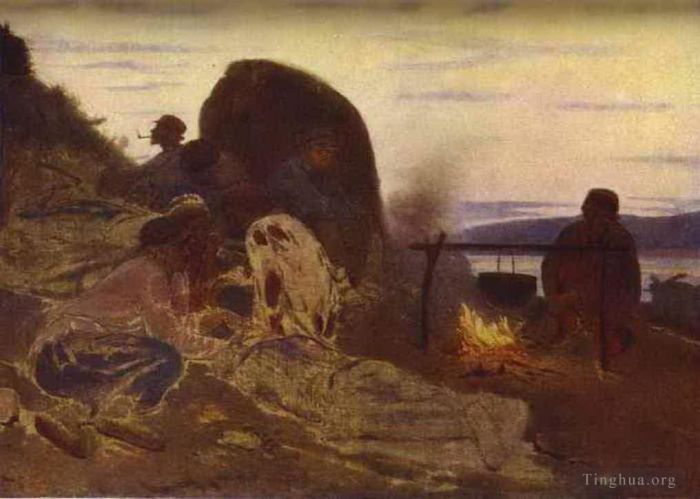 llya Yefimovich Repin Oil Painting - Barge haulers by campfire 1870