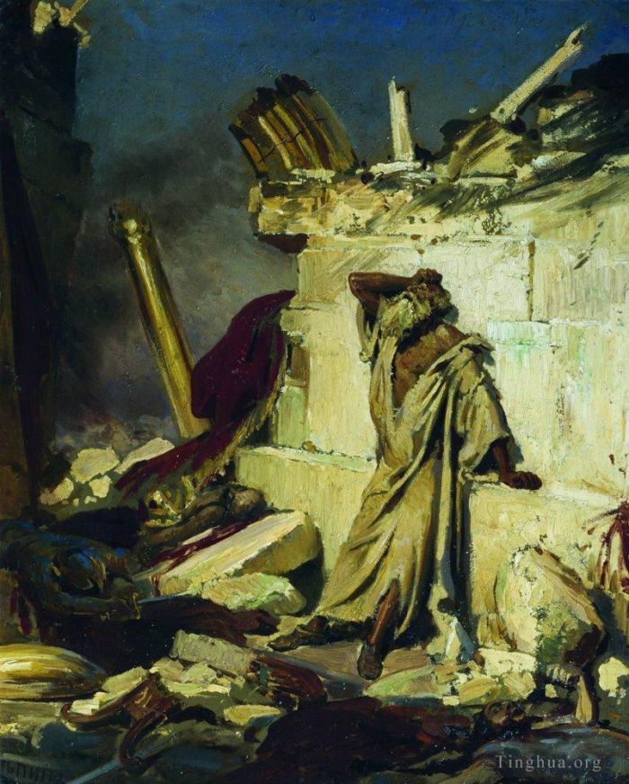 llya Yefimovich Repin Oil Painting - Cry of prophet jeremiah on the ruins of jerusalem on a bible subject 1870