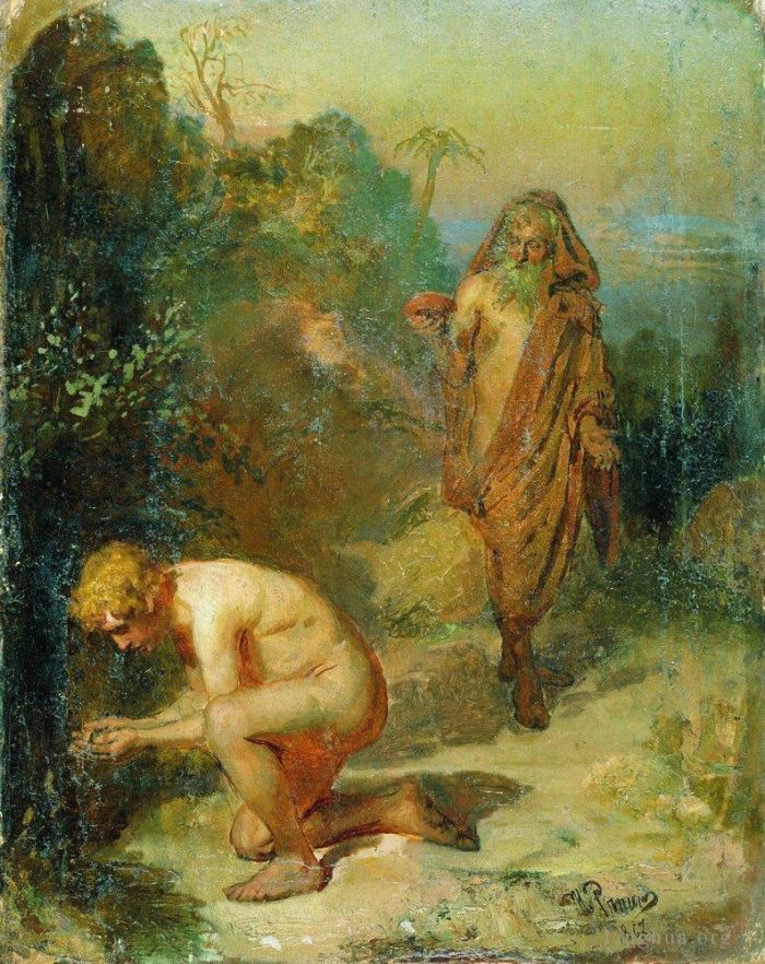 llya Yefimovich Repin Oil Painting - Diogenes and the boy 1867