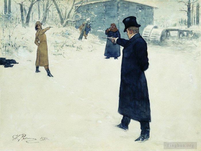 llya Yefimovich Repin Oil Painting - Duel between onegin and lenski 1899