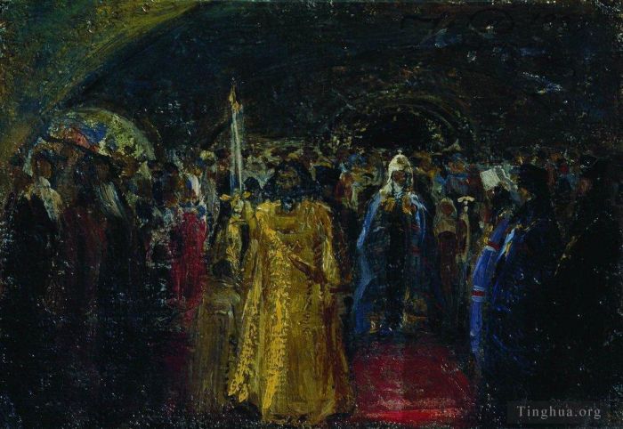 llya Yefimovich Repin Oil Painting - Exit of patriarch hermogenes 1881