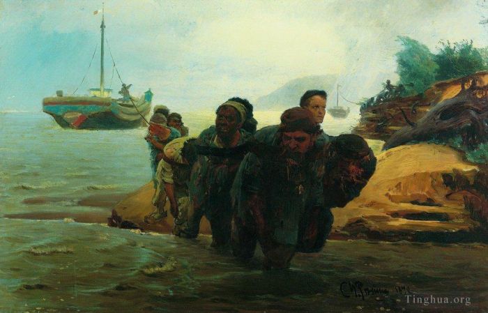 llya Yefimovich Repin Oil Painting - Haulers cross wade 1872