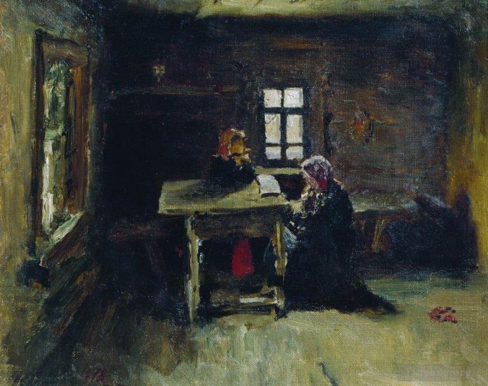 llya Yefimovich Repin Oil Painting - In the hut 1878