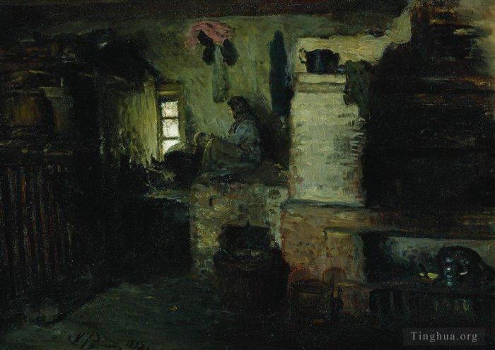 llya Yefimovich Repin Oil Painting - In the hut 1895