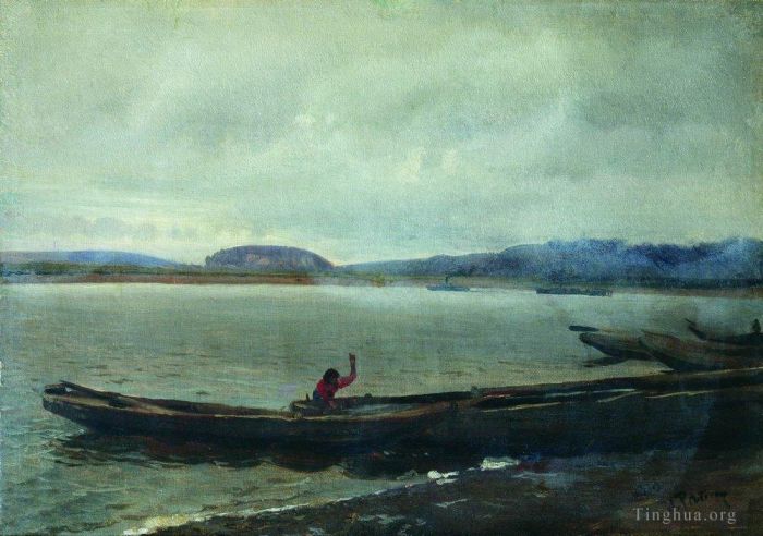 llya Yefimovich Repin Oil Painting - Landscape of the volga with boats 1870