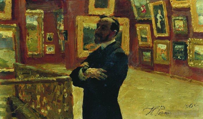 llya Yefimovich Repin Oil Painting - N a mudrogel in the pose of pavel tretyakov in halls of the gallery 1904