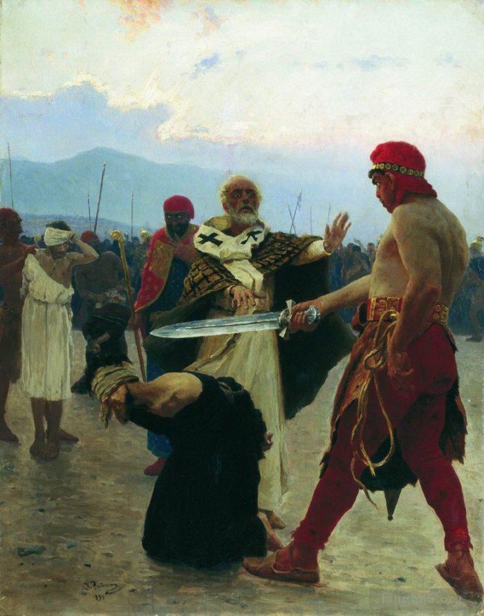 llya Yefimovich Repin Oil Painting - Nicholas of myra eliminates the death of three innocent prisoners 1890