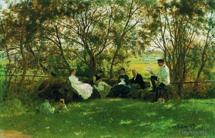 llya Yefimovich Repin Oil Painting - On a turf bench 1876