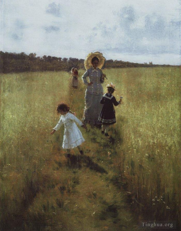 llya Yefimovich Repin Oil Painting - On the boundary path v a repina with children going on the boundary path 1879