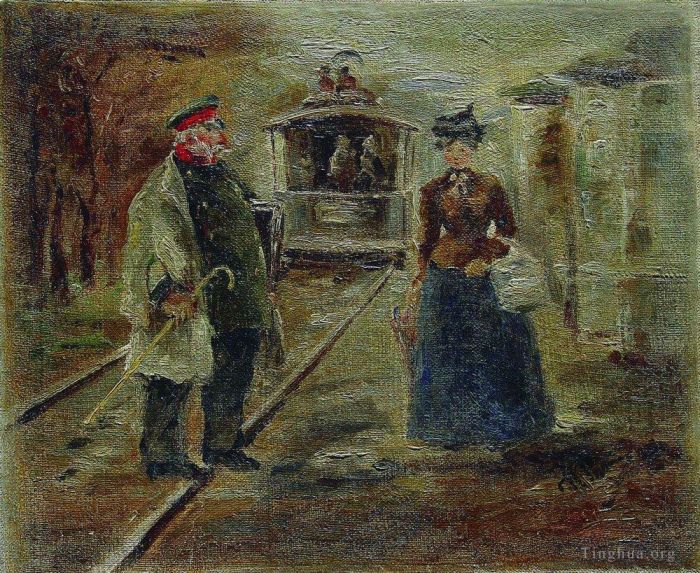 llya Yefimovich Repin Oil Painting - On the platform of the station street scene with a receding carriage