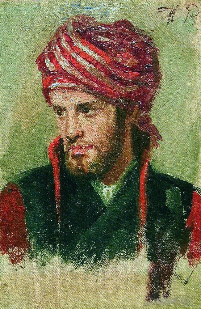 llya Yefimovich Repin Oil Painting - Portrait of a young man in a turban