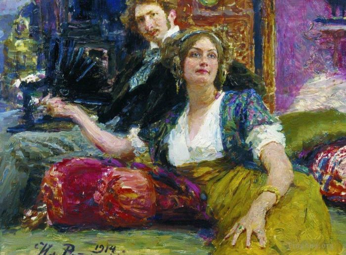 llya Yefimovich Repin Oil Painting - Portrait of poet prose writer translator and dramatist sergei mitrofanovich gorodetsky with his 1914