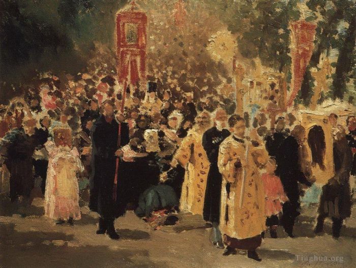 llya Yefimovich Repin Oil Painting - Procession in an oak forest appearance of the icon 1878