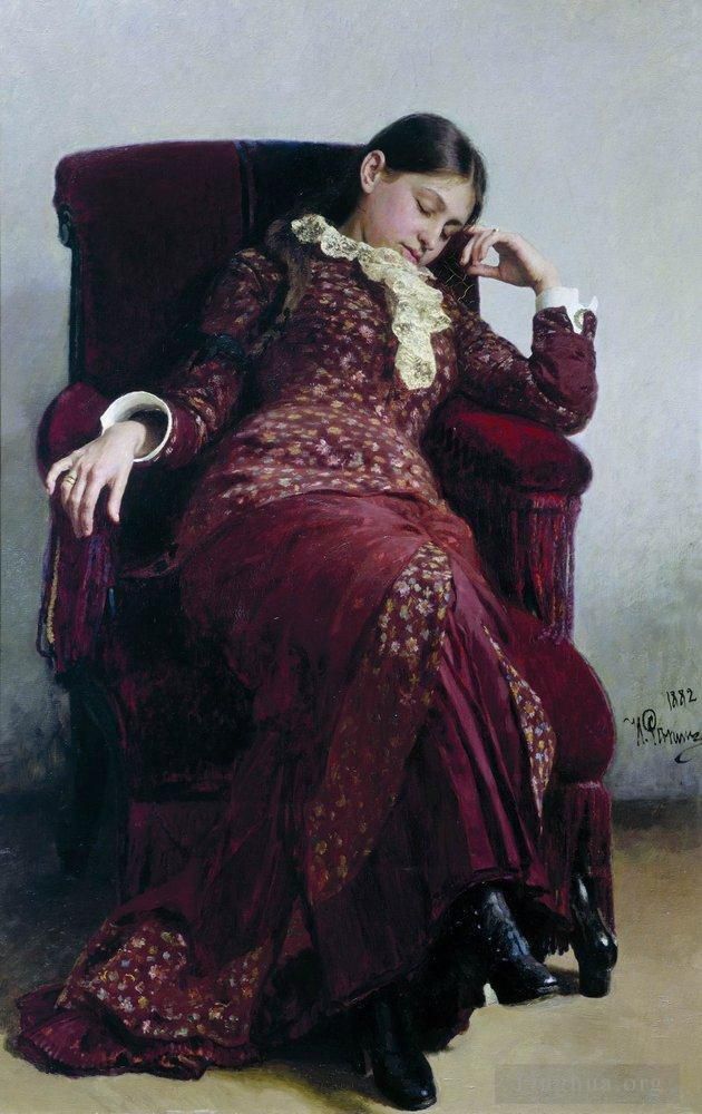 llya Yefimovich Repin Oil Painting - Rest portrait of vera repina the artist s wife 1882